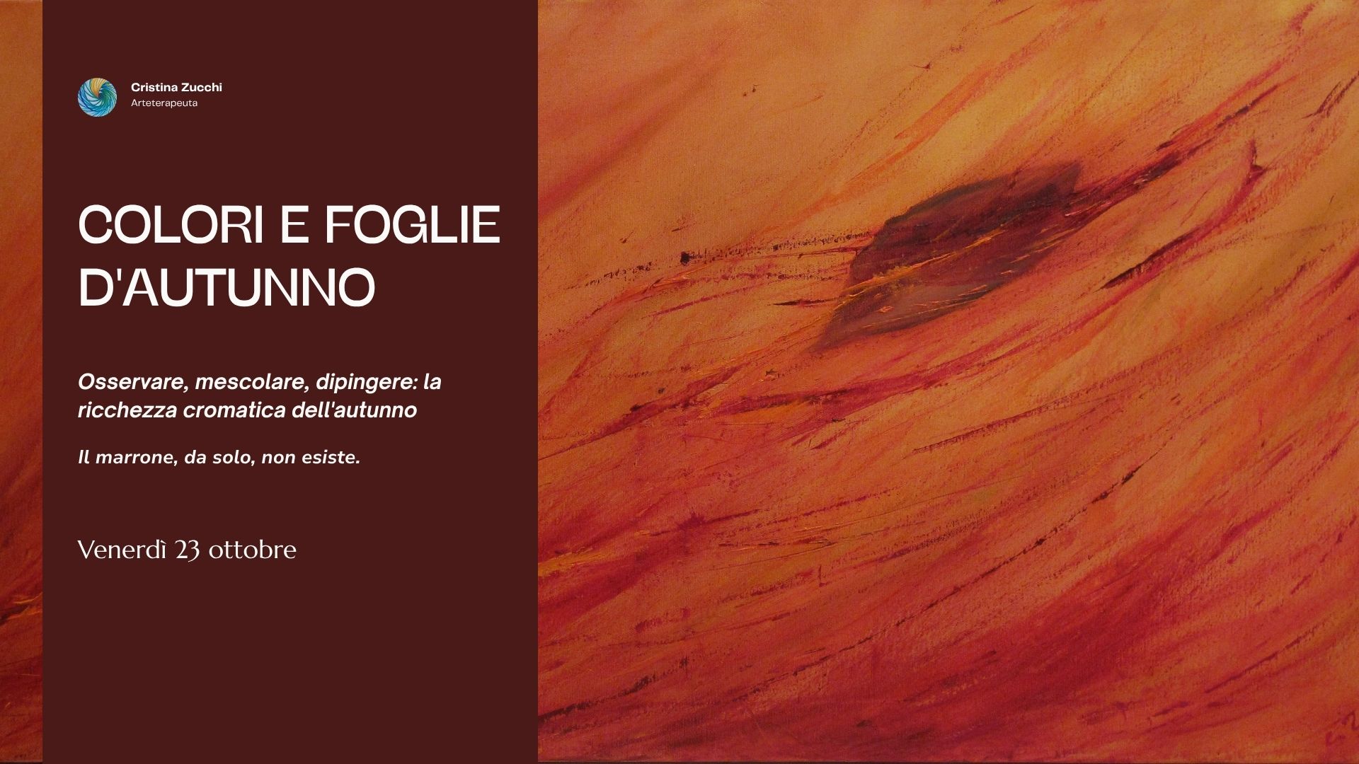 Colori e foglie d'autunno con la frase "Il colore dell'autunno non è mai uno solo." e la data di sabato 24 ottobre.