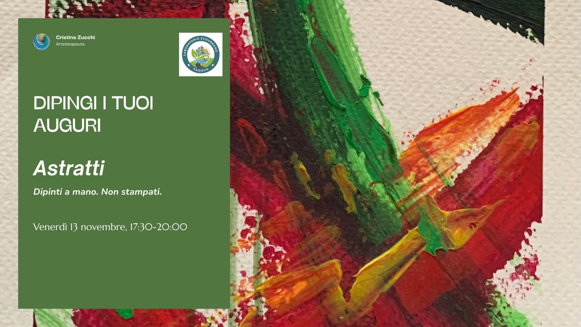 Dipingi i tuoi auguri astratti: pennellate rosse, verdi e gialle su carta