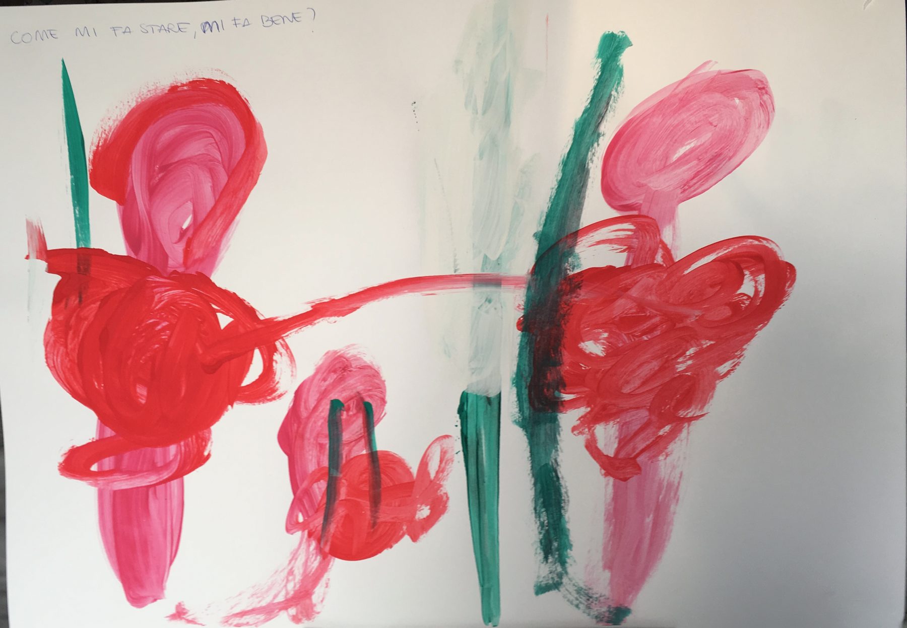 Dipinto di pittura intuitiva: forme rosse, rosa e verdi su un foglio bianco, con la scritta a mano «Come mi fa stare, mi fa bene?»